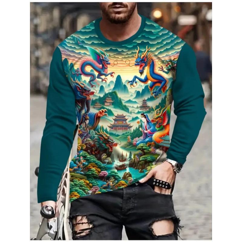 Round Neck 3D Dragon Print T-shirts Casual Short Sleeved Men's T-shirts - Soft Medium Stretch Polyester Fabric Spring and Autumn Relaxed Fit Clothing