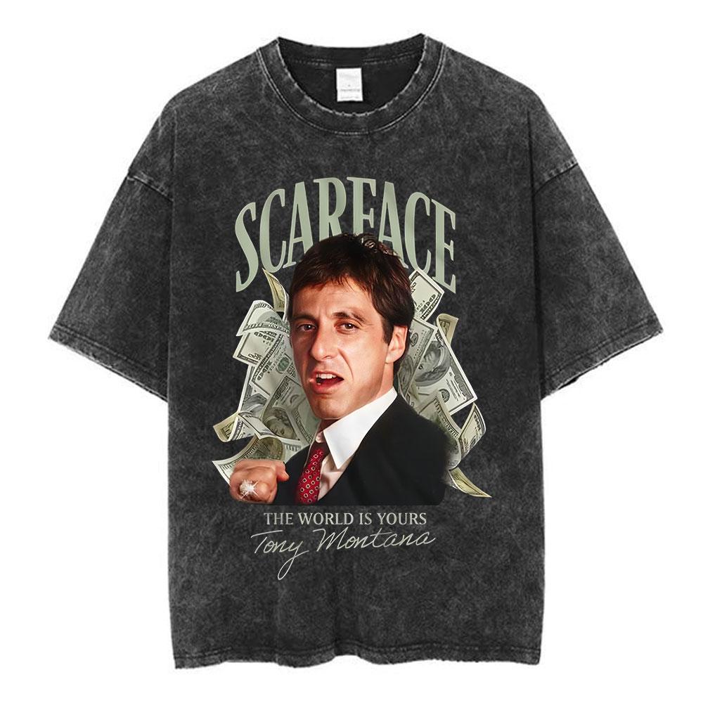 Movie Scarface The World Is Yours Tony Montana Al Pacino Vintage Washed T-shirts Men's Women Clothing Fashion Oversized T Shirt