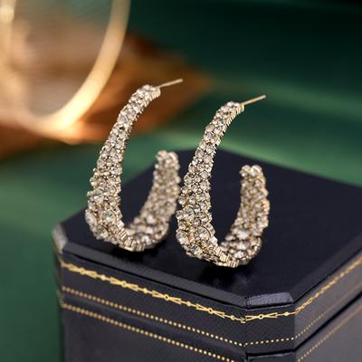 1PAIR French High-end Hollow Full Diamond Retro Earrings Design Sense Personality Temperament Geometric C-shaped Earrings