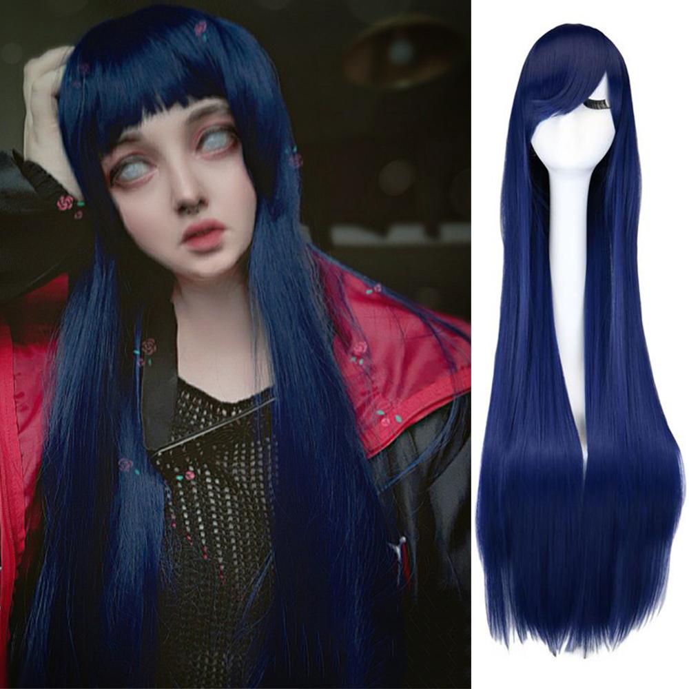 Professionelle lange gerade Cosplay Perücke Schwarz Lila Schwarz Rot Rosa Blau Dunkelbraun 100 cm Kunsthaarperücken