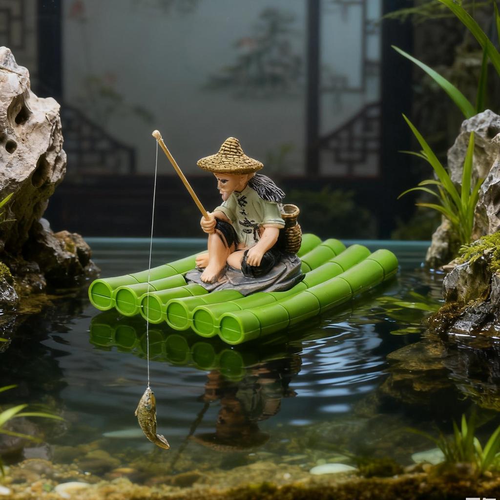 Fish Tank Decorations Realistic Floating Fishing Old Man Bamboo Raft Ornament Fishing Aquarium Betta Tank Landscaping Decoration