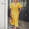 Summer Maxi Dress V Neck Lace-up Waist Bubble Sleeves Solid Color Loose Long Dress for Daily Life Date Work Party