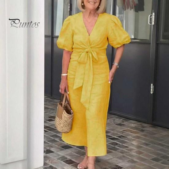 Summer Maxi Dress V Neck Lace-up Waist Bubble Sleeves Solid Color Loose Long Dress for Daily Life Date Work Party