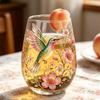 Hummingbird Morning Bliss Glass Tea Cup Embossed Floral Hummingbird Coffee Mug Elegant Glass Tumbler for Summer Party Supplies