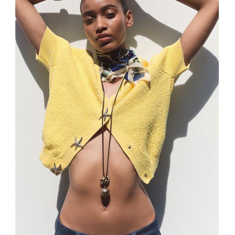 Summer New Product Women's Clothes French Style Design Short Sleeve V Neck XINGX-Shaped Button Decoration Knitting Outwear 6771066