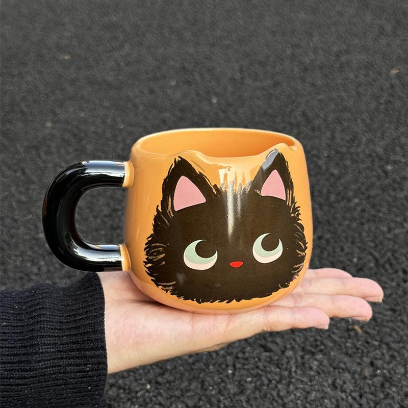 Niedliche hoch aussehende Katze Keramiktasse Mädchen Geburtstagsgeschenk für Mädchen mit praktischer kreativer Tasse Souvenirs 301-400ml black