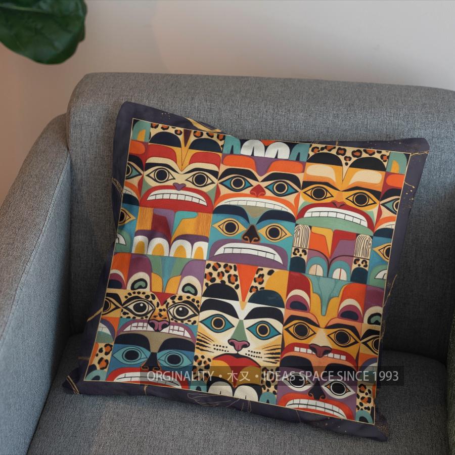 2D Jaguar Faces With Ethnic Pattern Pillow Cover Pattern Cushion Cover Suitable For Sofa Bedroom Car Pillow Cover