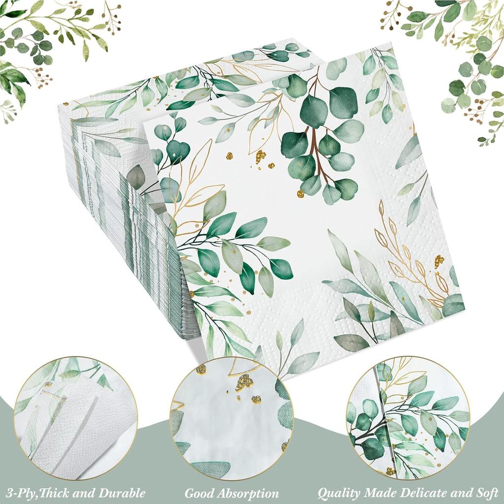 20Pcs Eucalyptus Disposable Napkins, Green Leaves Paper Napkins for Birthday Wedding Christmas Party Supplies
