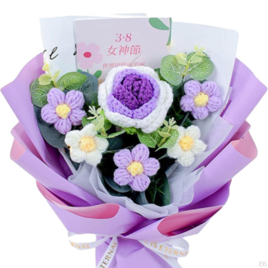 Completed Crochet Flowers Bouquet Artificial Knitted Flower Rose for Home Wedding Decoration