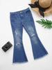 Pantaloni lunghi casual da bambina per bambina, elastico in vita, pantaloni in denim a zampa d'elefante strappati con orlo a bava