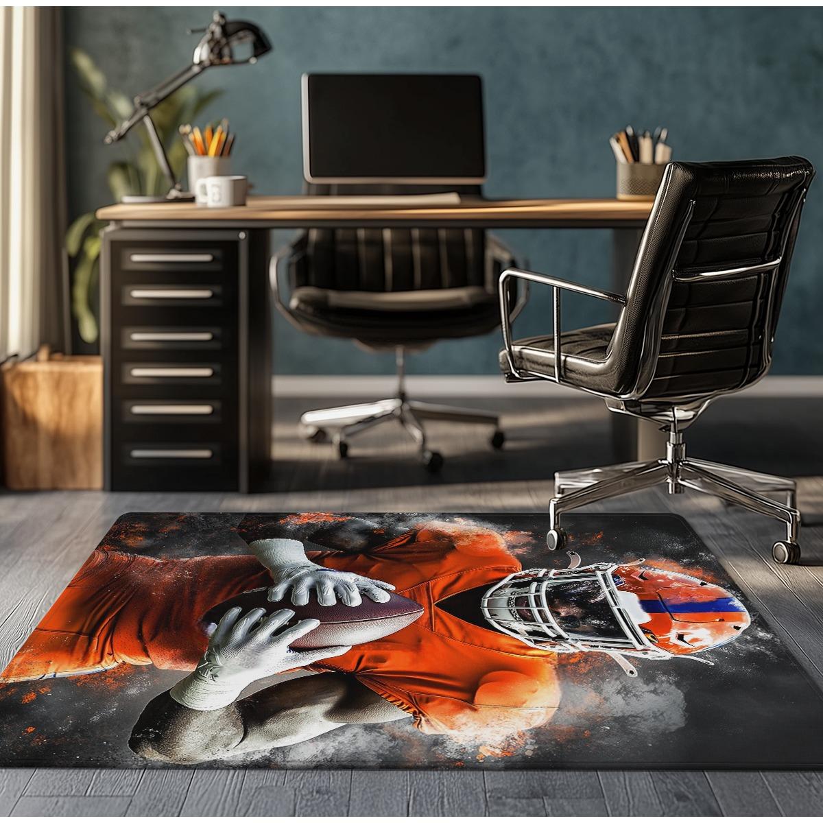 

Football player action sports design rug game room carpet vibrant orange jersey football theme floor mat for gaming fans and 50x 80cm