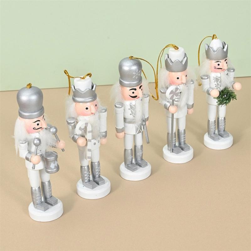 Pack of 5 Miniature Silver Nutcrackers Figurine Charm Accessories Wood Hanging Pendant Holiday Decoration Supplies