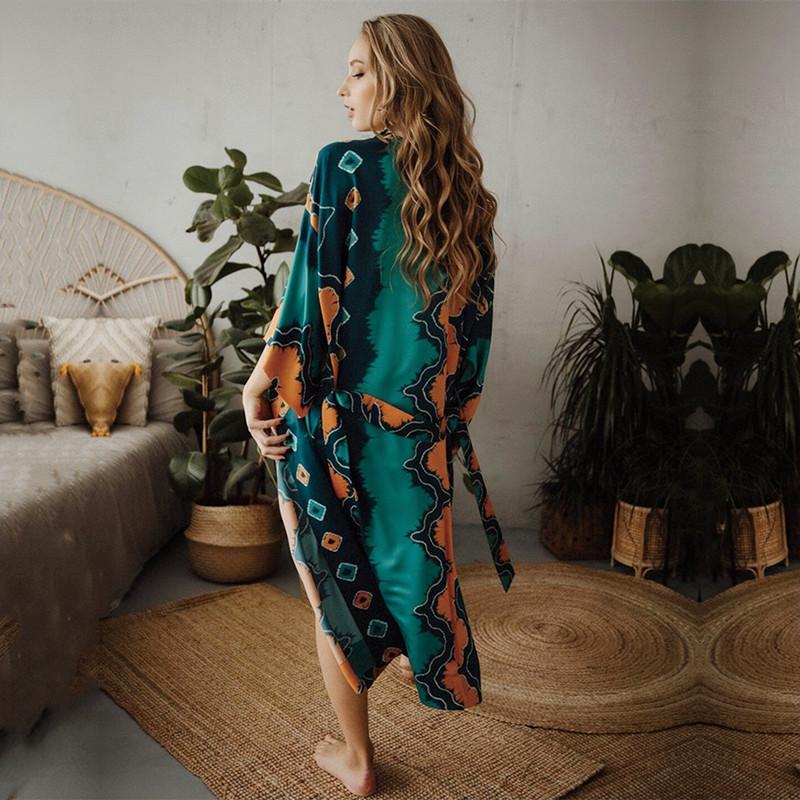 Grün Vintage Bikini Set Vertuschungen Retro Sommer Strand Kimono Kleid Frauen Sommer Beachwear Badeanzug Cover Up A1481