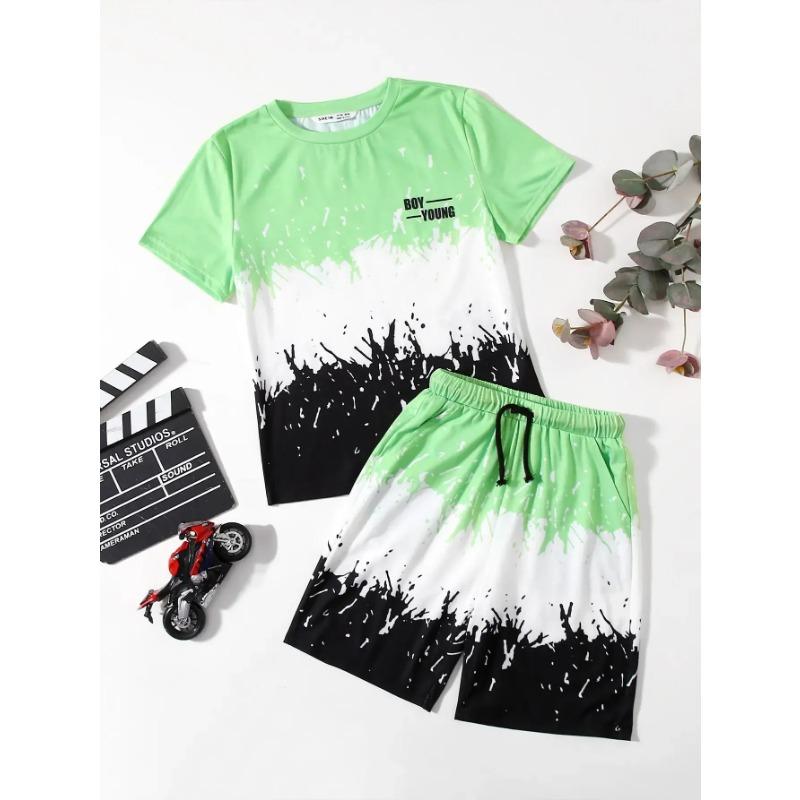 Stylish Summer Junior Alphabet Graphic Color Block T-shirt and Shorts Set