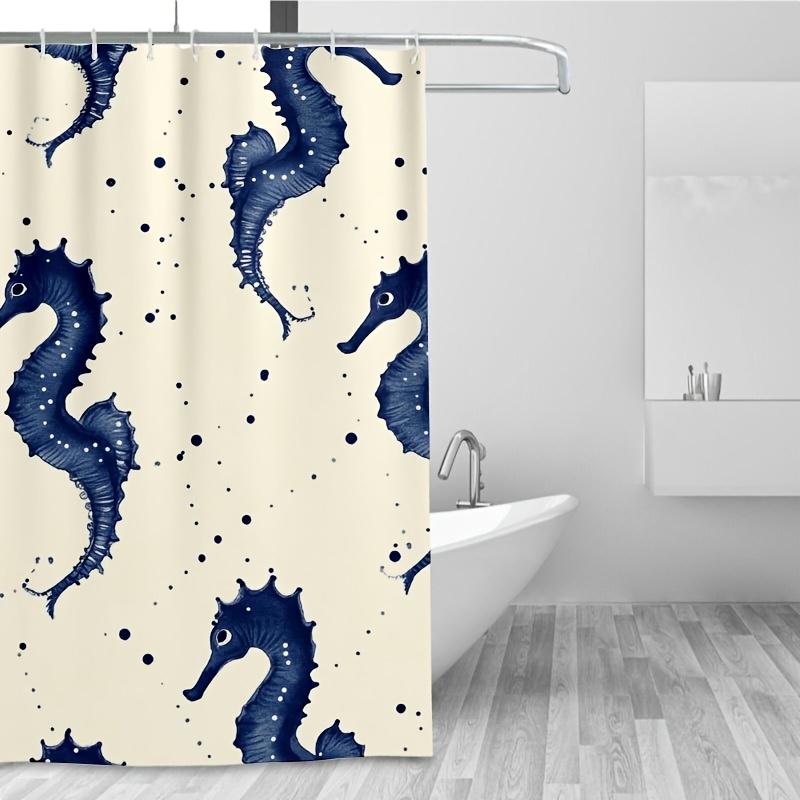 1pc Navy Blue Seahorse & Star Shower Curtain, Durable Polyester, Easy Clean, Space Theme