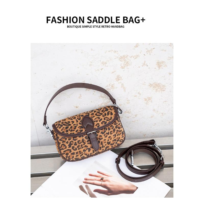 New Matte Cowhide Leopard Print Flip Small Square Bag Women's Oblique Span Leather Shoulder Bag Simple Saddle Bag
