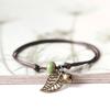 Vintage Nature-Inspired Ceramic Bead Bracelet with Leaf Pendant for Couples
