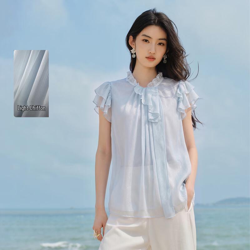 Women s Ruffled Stand Collar Chiffon Blouse with Flutter Sleeves XL