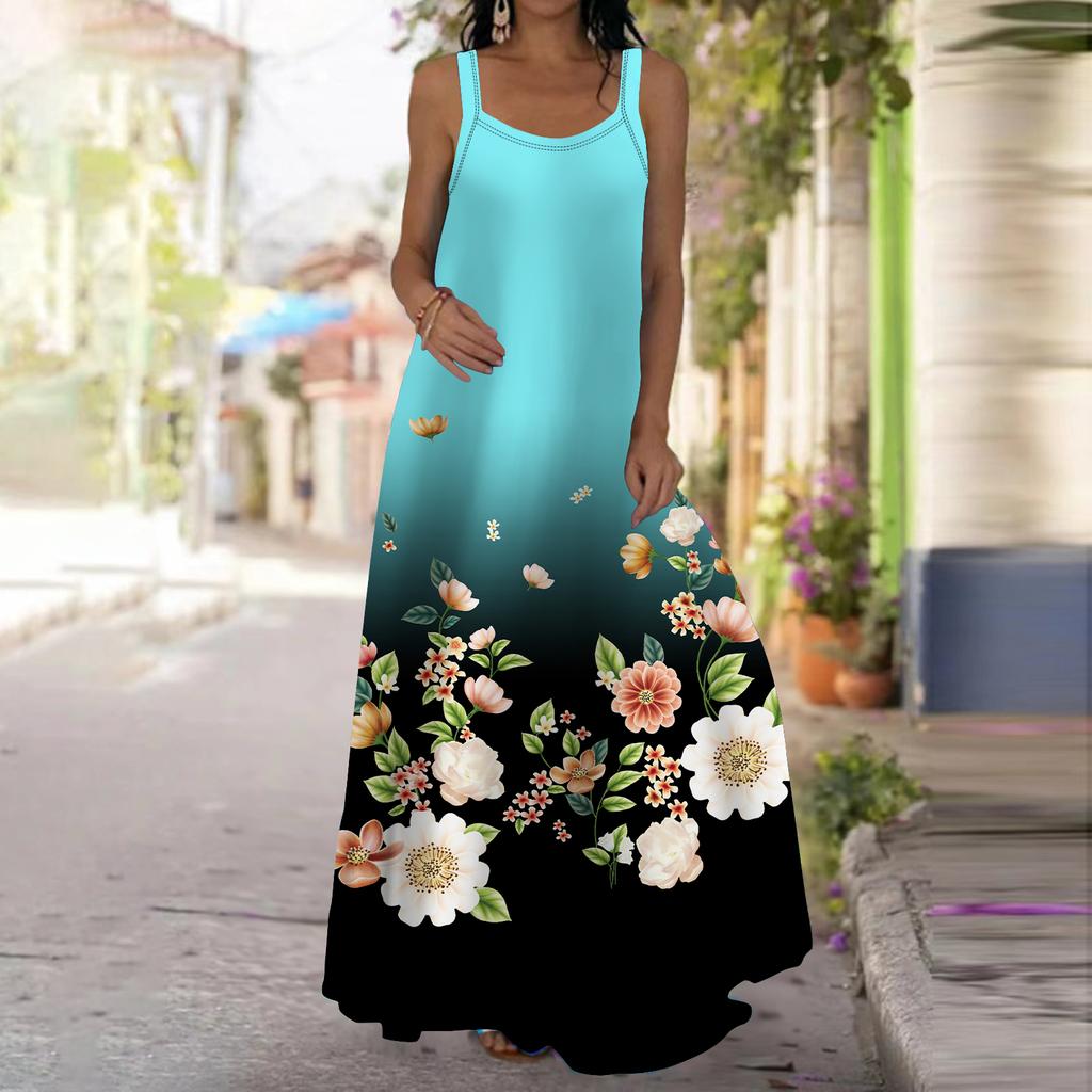Women's Slip Dress Maxi Long Dress Blue Pear Blossom Print Dress Spring & Summer Leisure Vacation