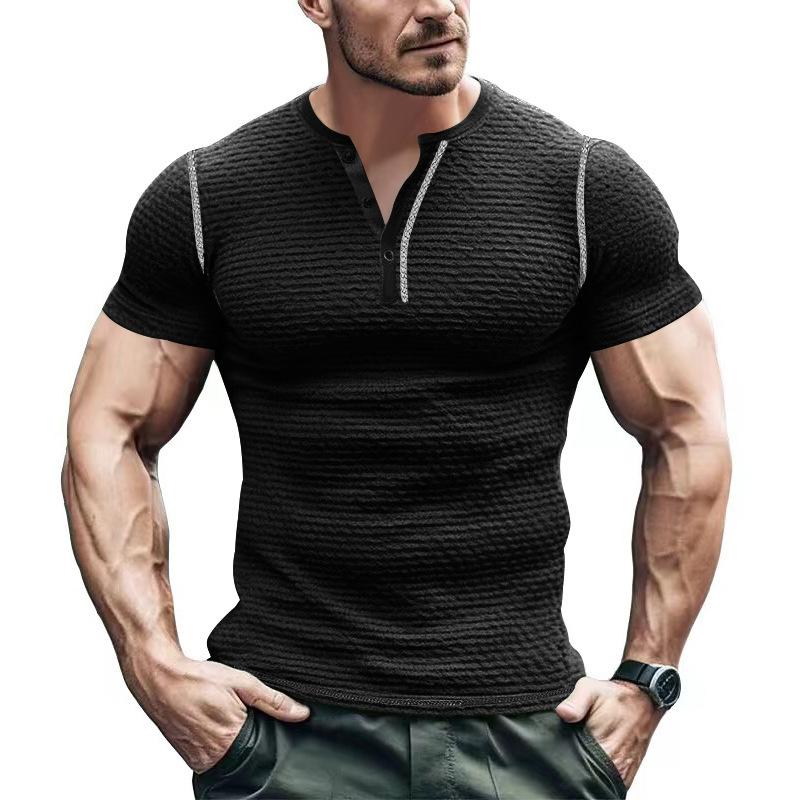 Summer Sports Fitness Slim Fit Breathable Men's Short Sleeve T-Shirt European and American Men's Muscle Henry Shirt Men's T-Shirt