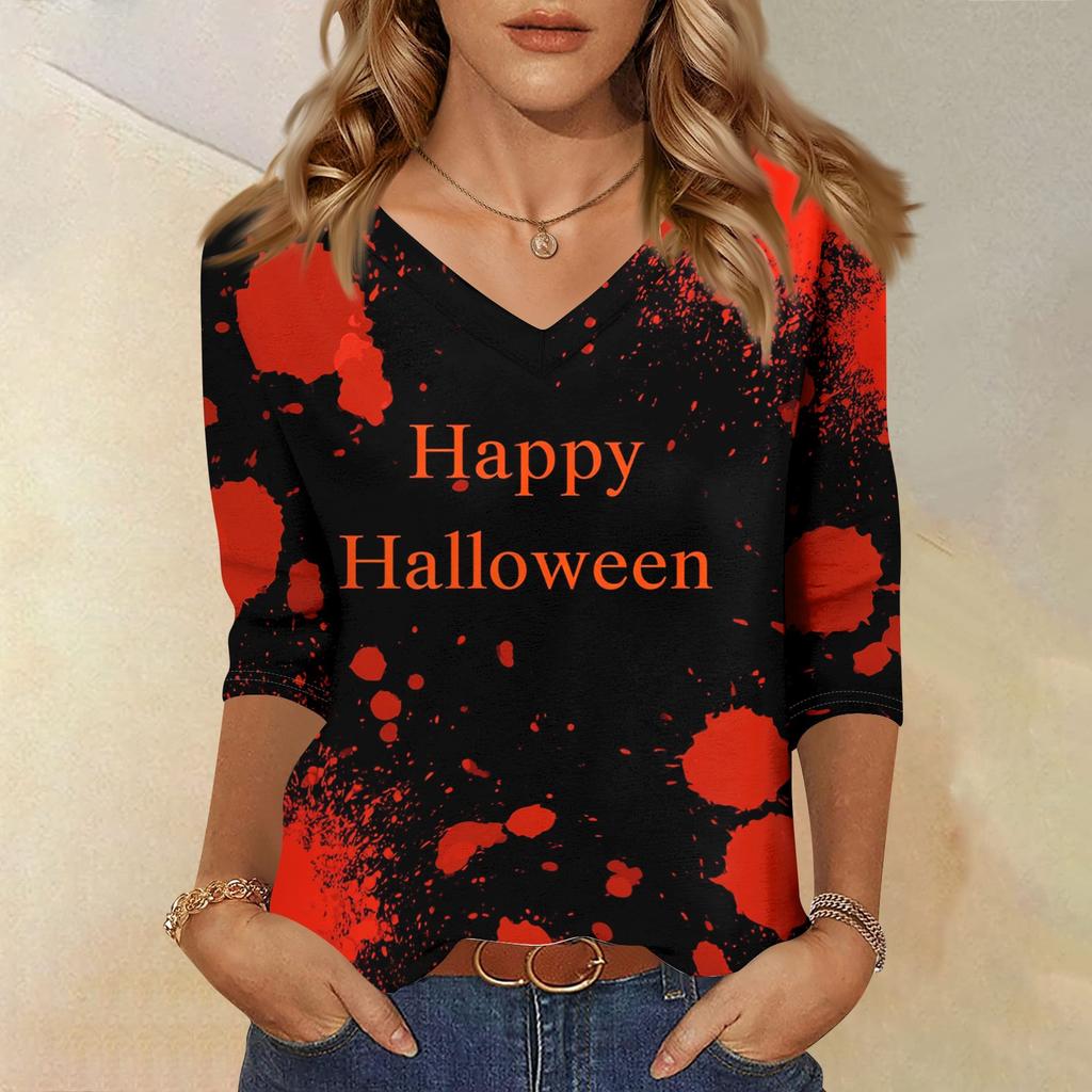 Women's Casual Halloween Print V-Neck Three-Quarter Sleeve Top