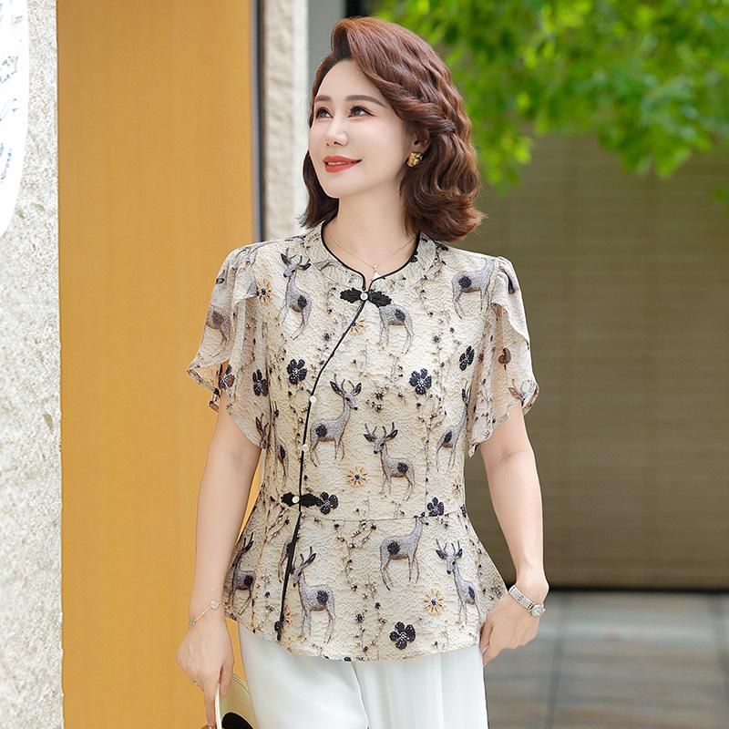 

Chinese National Style Women s Summer Slimming Short-Sleeve Top - Lightweight and Flattering for Middle-Aged and Elderly Moms 3XL (120-135 jin) абрикосовий