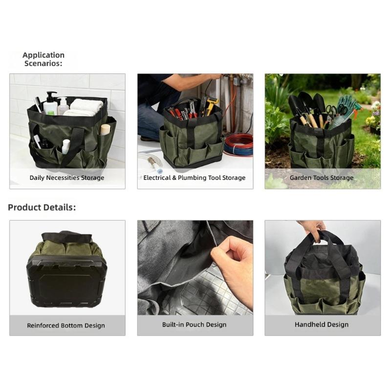 Heavy Duty Fabric Tool Storage Bag With Reinforced Plastic Base & Handle For Garden Home Repair Tool Box Holder