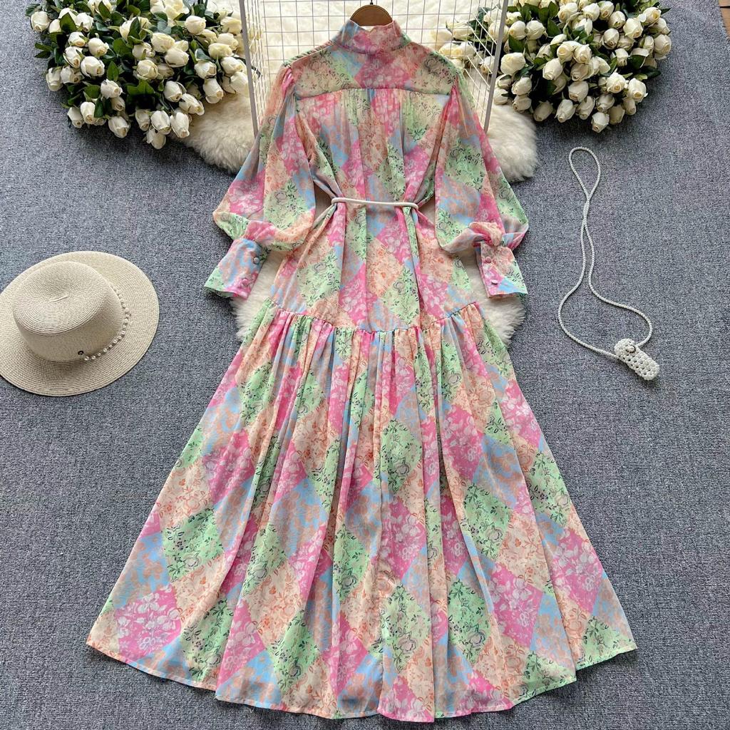 Women's Chiffon Print Dress: Stand Collar, Long Sleeve, Tie-Waist, Perfect for Spring & Autumn Vacations