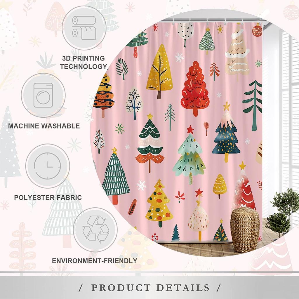 Christmas Tree Shower Curtain Cartoon Xmas Trees Winter Snowflake Cute Pine Fir Happy New Year Holiday Polyester Fabric Bathroom