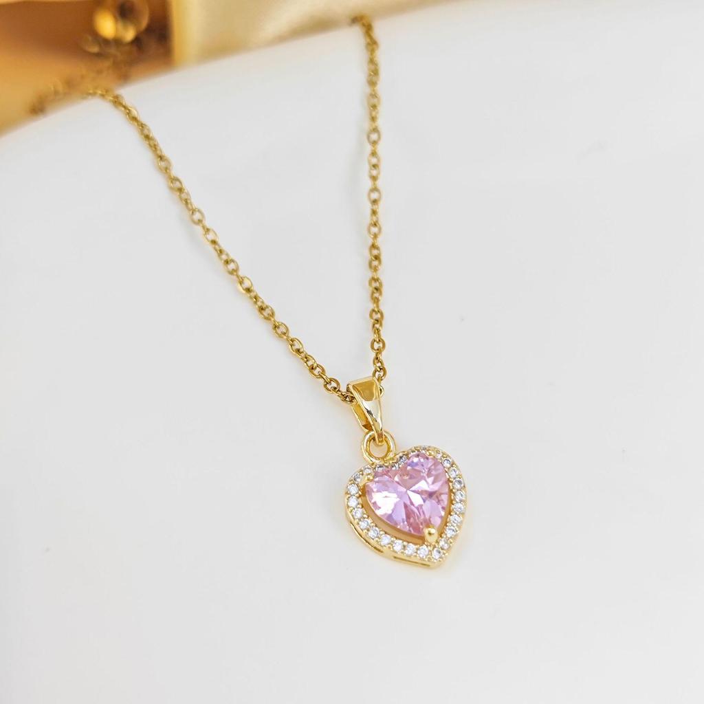 French Peach Heart Zircon Necklace: Multicolor Diamonds on Stainless Steel with Retro INS Style Titanium Design.
