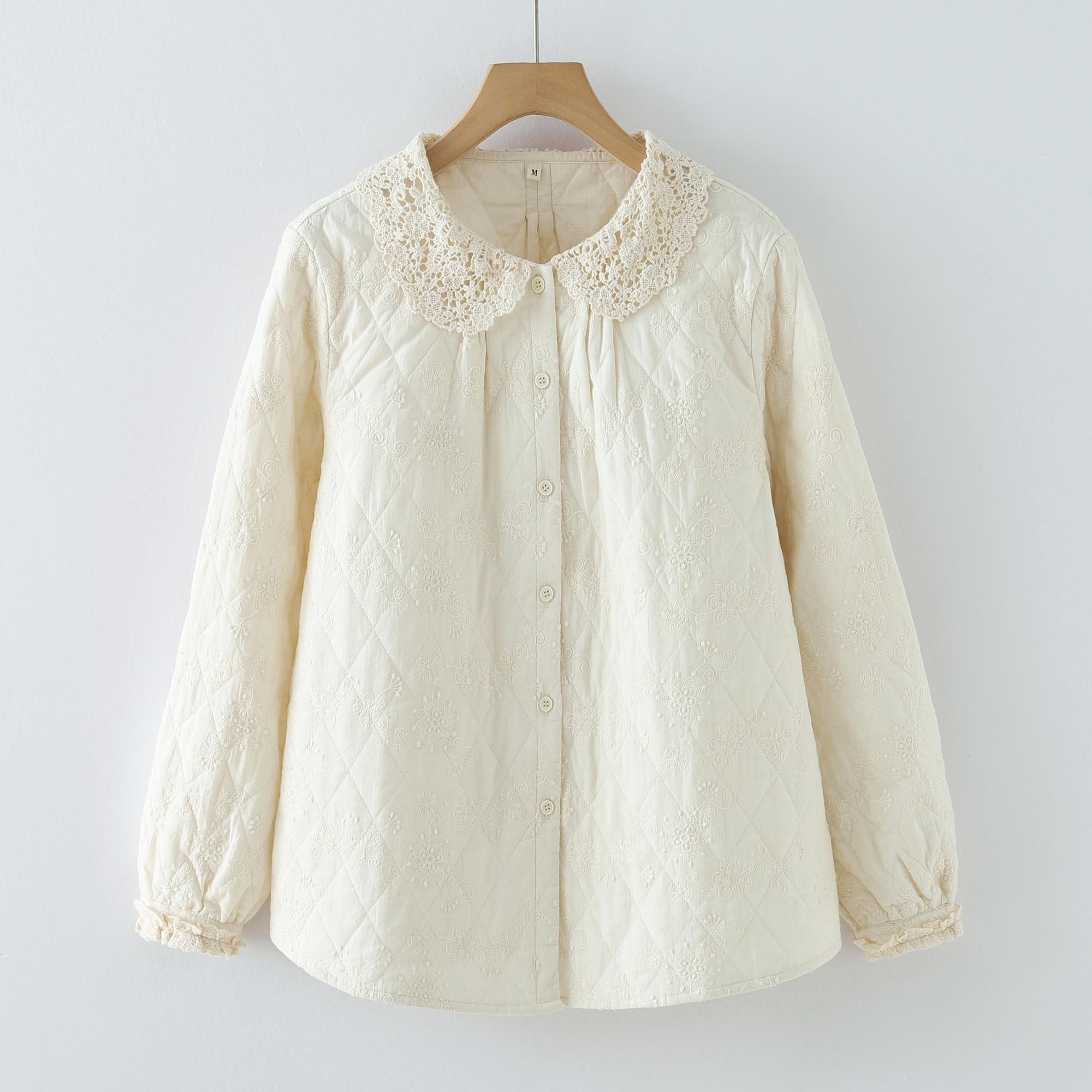 Women s Quilted Diamond Plaid Cotton Shirt with French Artistic Style and Embroidered Lace Doll Collar Medium (Recommended for 90-115 jin)