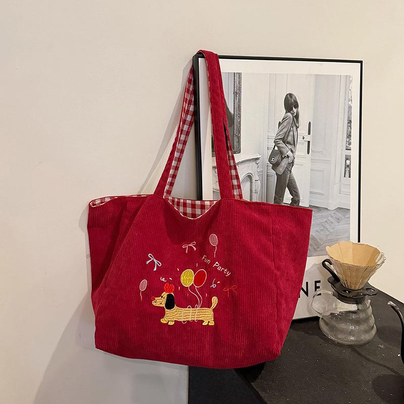 Casual Cute Embroidered Puppy Shoulder Bag Large Capacity Tote Bag Autumn and Winter New Corduroy Plaid Dual-purpose Bag Women