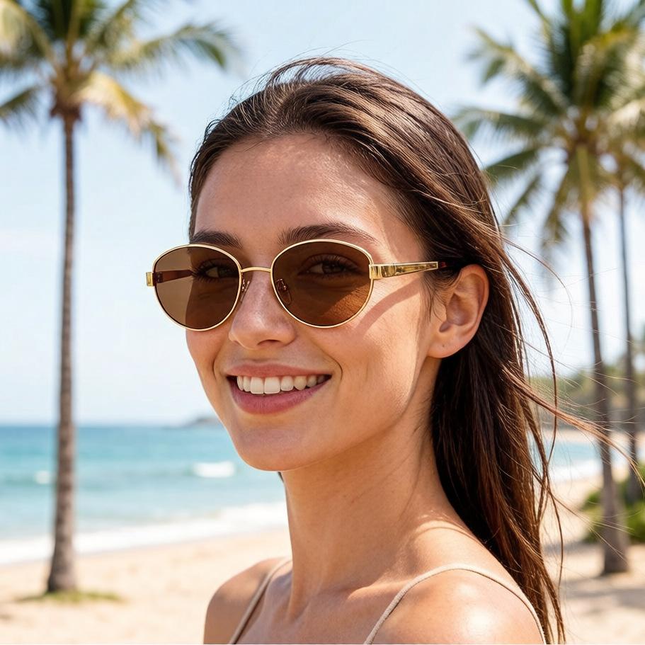 New sunglasses European and American cat's eye metal oval frame sunglasses women's fashion trendy plain flat glasses