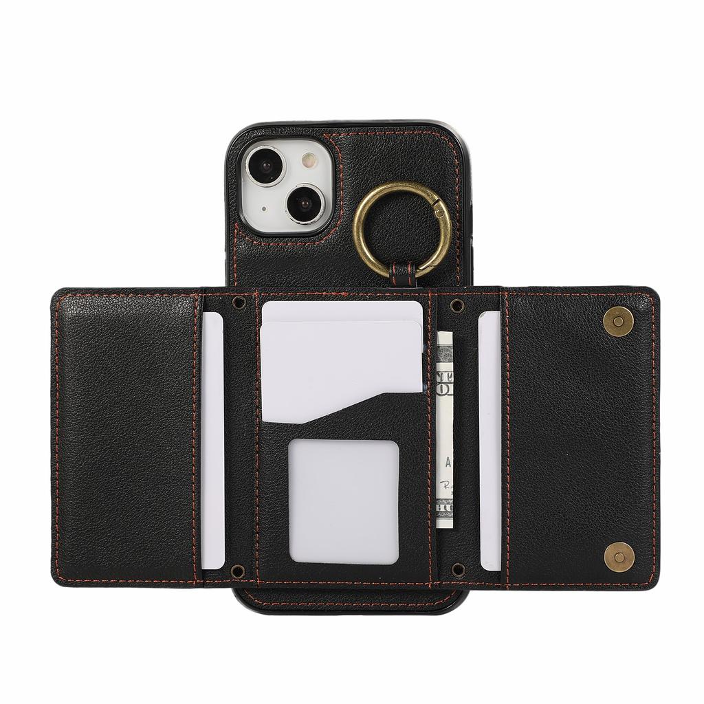 For iPhone 14/13 Leather Back Cover Zipper Wallet Kickstand Phone Case with Shoulder Strap