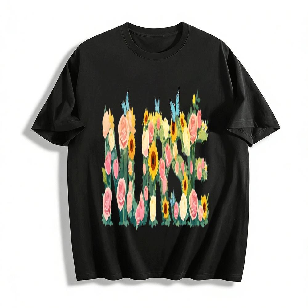 

Floral Nurse Print Casual Crewneck Tee For Women Pure cotton T-shirt XXS