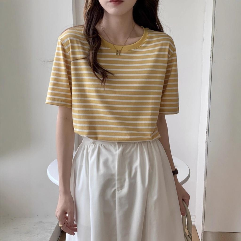 Casual striped t-shirt women's short-sleeved summer new student half-sleeved top loose versatile crew neck t-shirt ins