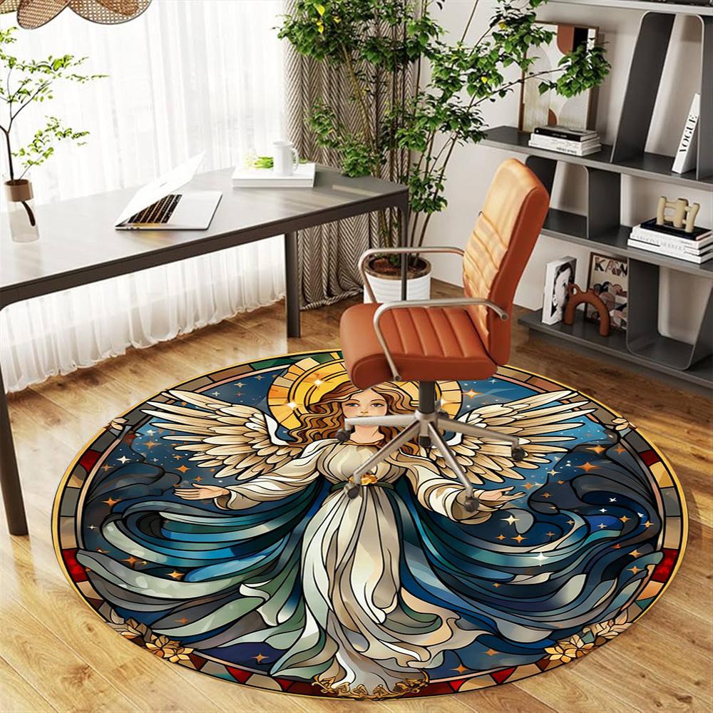 1pc Angel Stained Glass Round Chair mat office Area Rug - Non-Slip, Floor Mat for Office, Bedroom, Ideal home decor gift c0112130