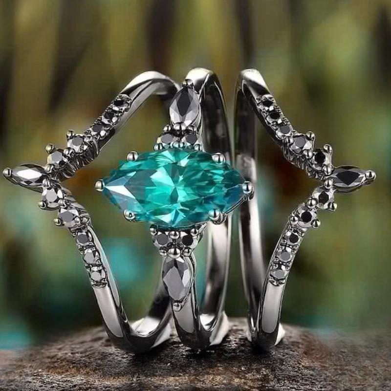 

European and American new fashionable green zircon inlaid personalized light luxury versatile women s three-piece ring 8&Black Gun Plated зелёный