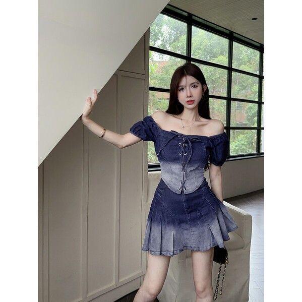 Gradient Denim Women s Retro French Sweet Style Summer Set - Short Sleeve Top & Skirt S