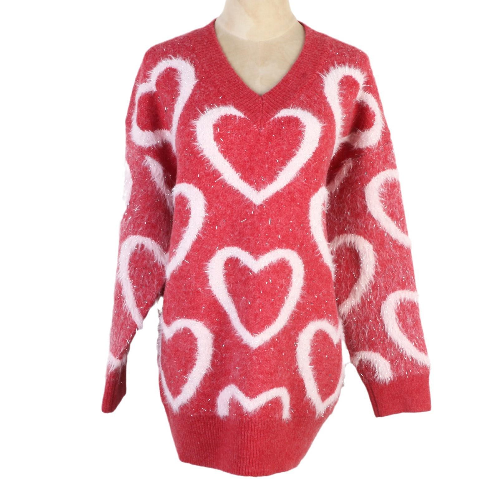 

Heart Pattern Loose V-neck Mid-length Knitted Sweater - Autumn/Winter Large