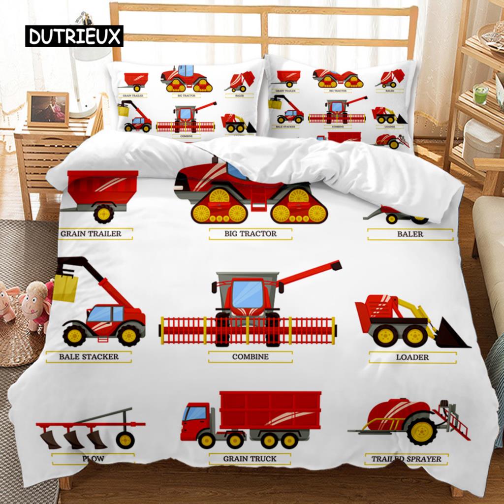 Housse de couette pour voiture d'ingénierie Ensemble de literie pour véhicule de construction Excavatrice pour garçons Camion à benne basculante Malaxeur à béton Rouleau Housse de couette en polyester