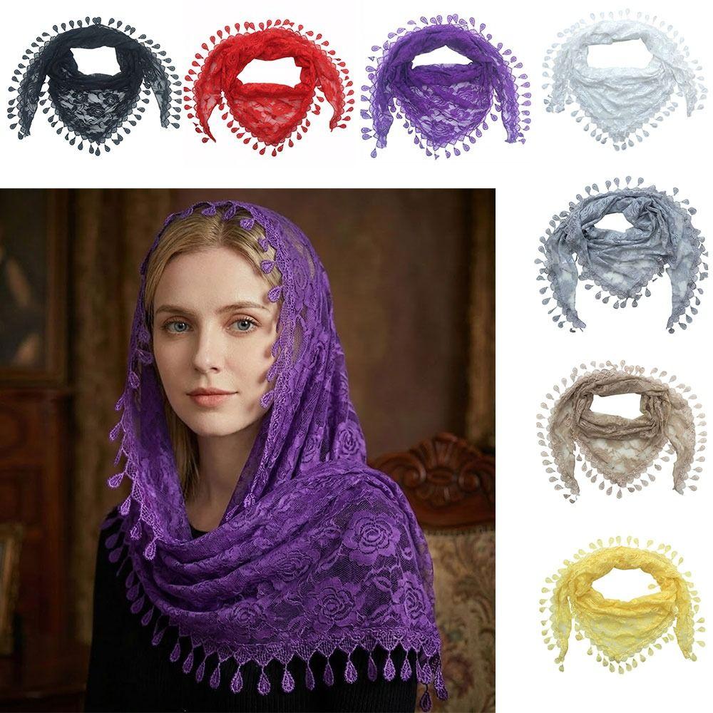 Tassels Chapel Hijab Scarf Lace Floral Hair Wrap Elegant Embroidery Lace Veil Spanish Mantilla