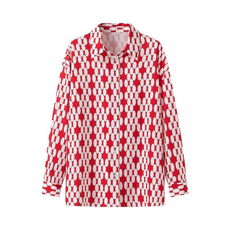 

Женский комплект рубашки с длинным рукавом и брюк с красным геометрическим принтом, осень 2024 L