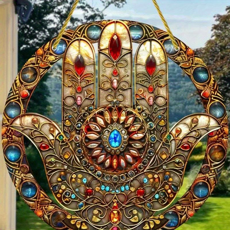 2D Flat Bohemian Acrylic Hamsa Hand Decoration Sign, Colorful Painted Effect, Home Decor Plaque Hanging Wall Art Decorative Garden Decoration for Room