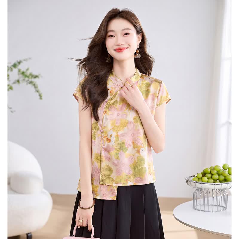 ORIGIN Women's Retro Chinese Style Printed Stand Collar Blouse