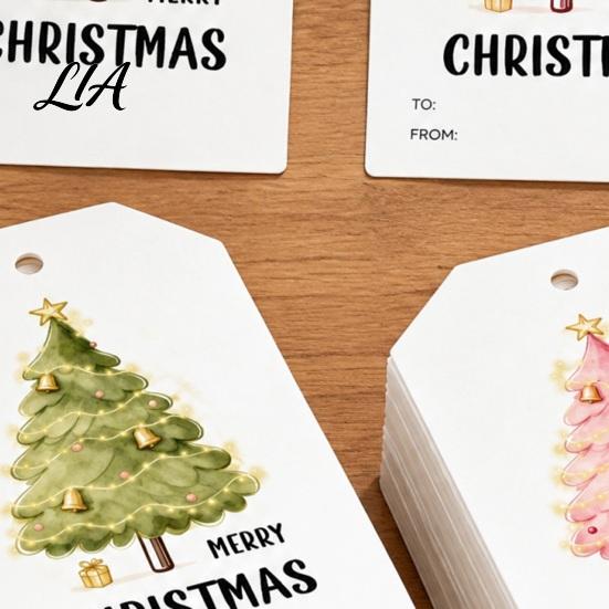 Christmas Tree Ornaments 60 Pcs Gift Tags with Hemp Rope, Watercolor Xmas Coated Cardboard Winter Holiday Paper Tags, Merry Hanging Labels for Present