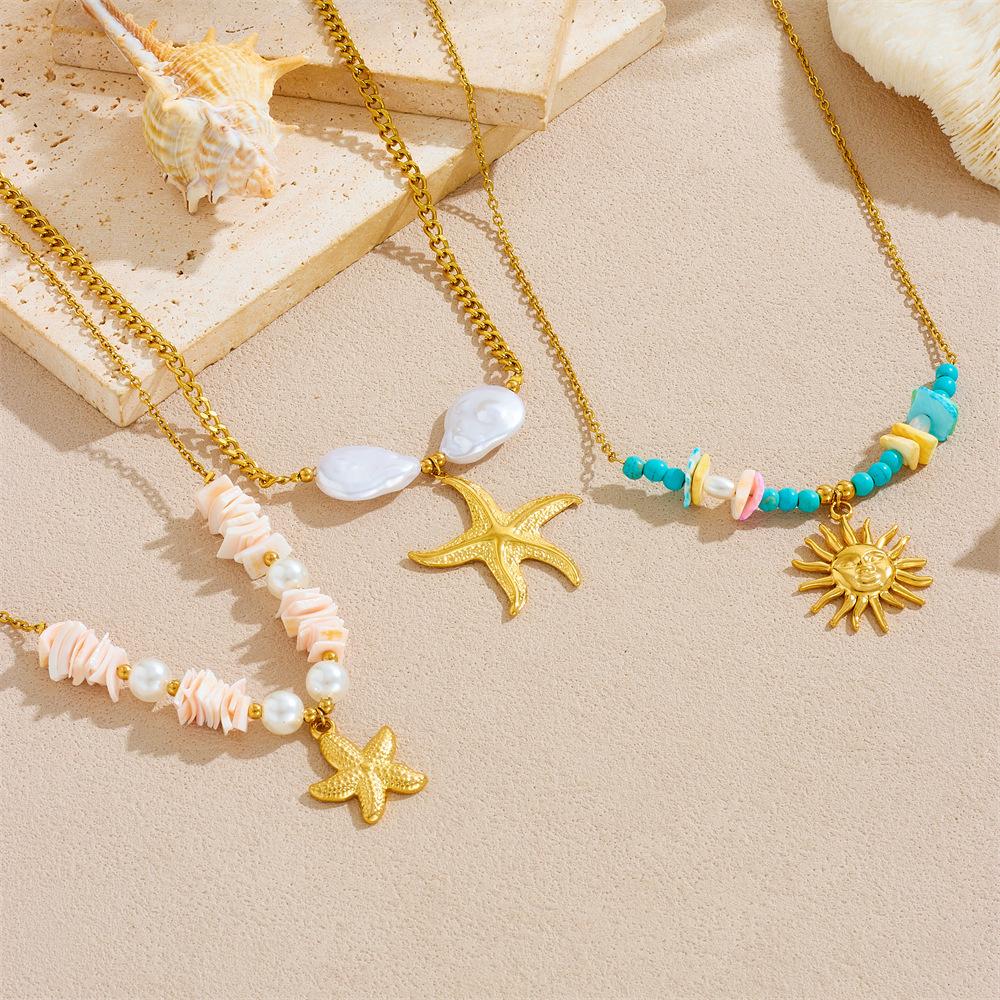 Fashionable Seaside Vacation Style Bead Necklace Exquisite Sea Fish Starfish Sun Shell Necklaces Multi-Element Blue Jewelry