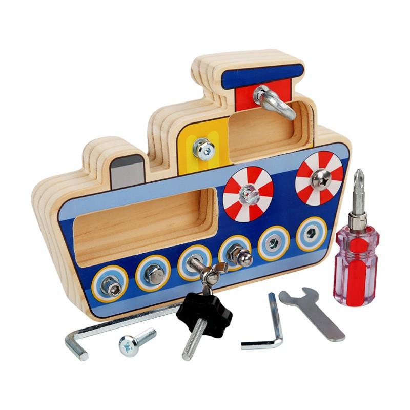 Male and female treasures Wooden transportation steamer screws Fun disassembly and assembly tools Nut maintenance combination Grasp wooden toys
