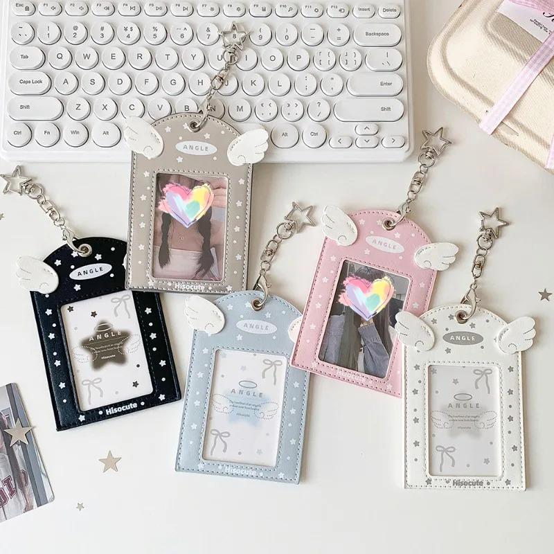 INS Sweet Aesthetic Kpop Photocard Holder for Girls Wings Keychain Schoolbag Charm Kawaii Displaying Photo Card Cover Case