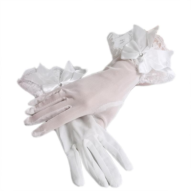 

Wedding Gloves White Bridal Gloves with Floral Lace & Bow Short Sheer Tulle Hand Covers for Brides Full Finger Glove 1